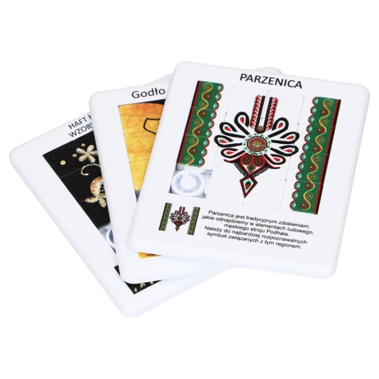 Układanka folkowa przedstawiająca haft kaszubski typu złotnica, 15 kostek z barwnymi wzorami, produkt dla dzieci.