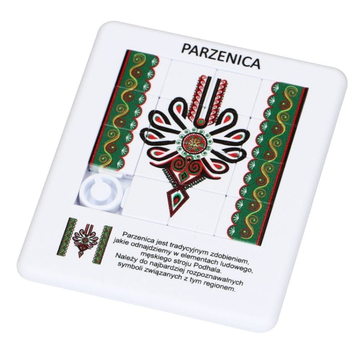 Puzzle „Podhale – Parzenica”, 15 kolorowych kostek z folklorystycznym wzorem haftu góralskiego.