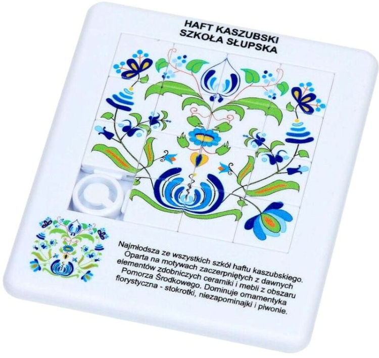 Puzzle edukacyjne z 15 kostkami z motywem haftu kaszubskiego szkoły słupskiej, barwne wzory na białym tle.