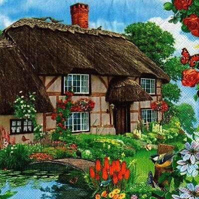 Serwetki z kolorowym nadrukiem chaty krytej strzechą i kwiatowym ogrodem, do dekoracji i decoupage.