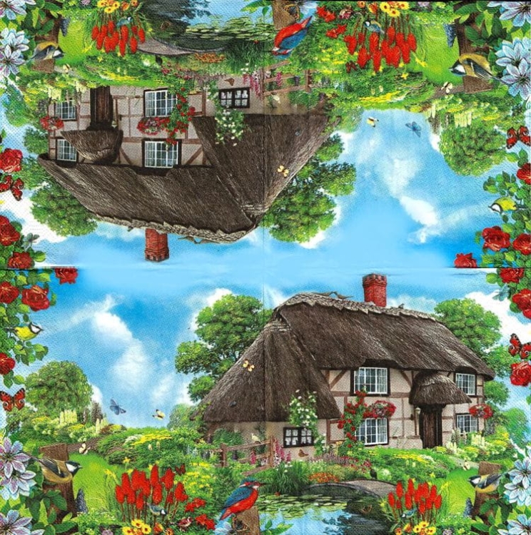 Folkowe serwetki z wiejskim pejzażem – chata ze strzechą i kwiatowy ogród, 20 sztuk, rozmiar 16,5×16,5 cm.