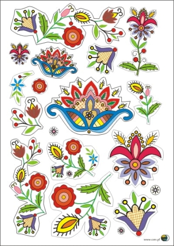 Zestaw naklejek folkowych – motywy kaszubskie wdzydzkie, arkusz 14,7 × 20,5 cm.