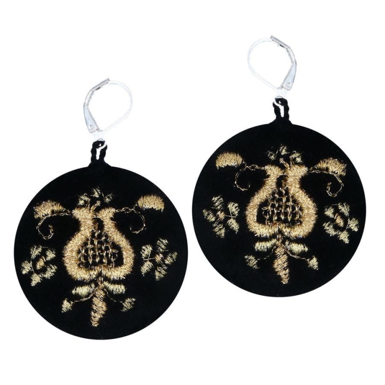 Kolczyki haftowane z kaszubskim wzorem złotniczym, okrągłe, ręcznie wykonane, ludowy motyw, średnica 4