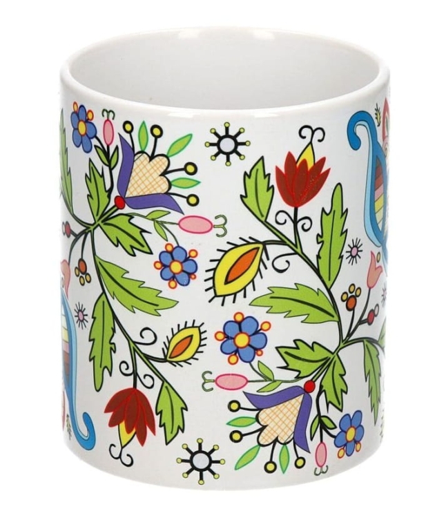 Ceramiczny kubek z haftem kaszubskim wdzydzkim