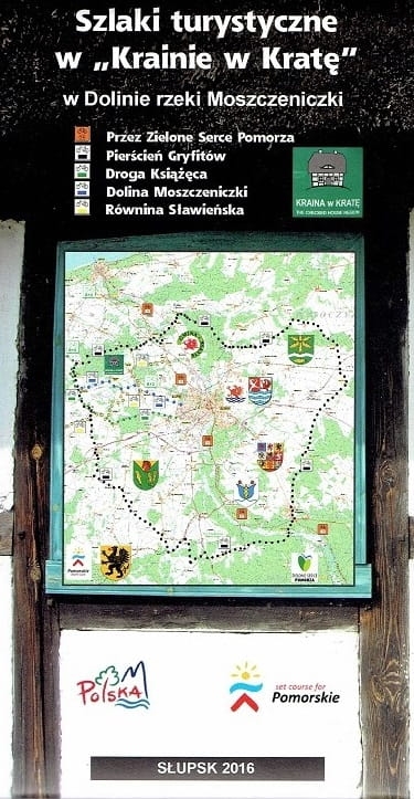 Mapa Kraina w Kratę – szlaki turystyczne, Dolina Moszczeniczki, Słupsk, farmy wiatrowe