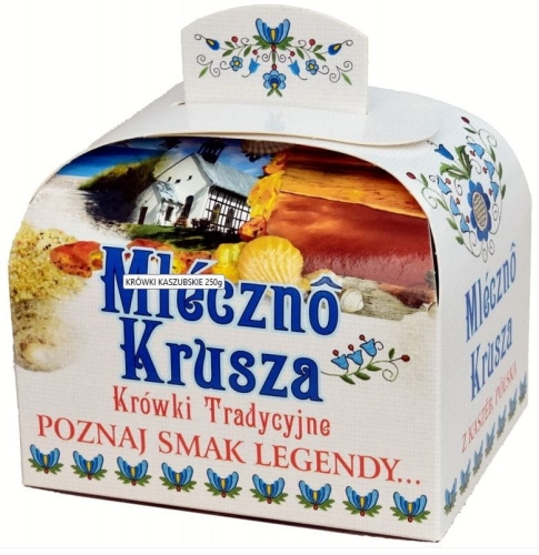 Krówka kaszubska to połączenie wyrafinowanego smaku i bogactwa regionalnej kultury. Śmietankowe cukierki w opakowaniu inspirowanym kaszubskim haftem w siedmiu tradycyjnych kolorach stanowią stylowy upominek z duszą Pomorza