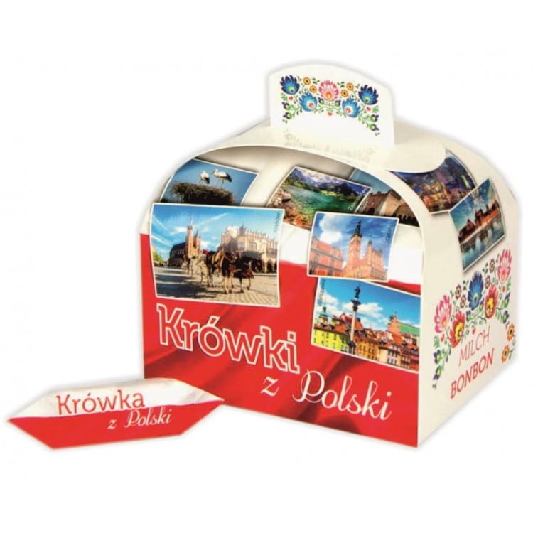 Prawdziwy kawałek Polski zamknięty w uroczym kuferku! Śmietankowe krówki owinięte w ludowe folkowe wzory, a wszystko w pięknym kartoniku inspirowanym łowicką sztuką.