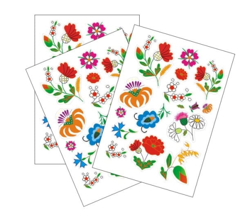 Zestaw naklejek haftu kociewskiego – tradycyjne wzory ludowe, arkusz A5.