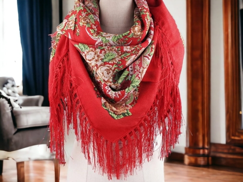 Chusta góralska ludowa 105x105 cm czerwona folk ludowa