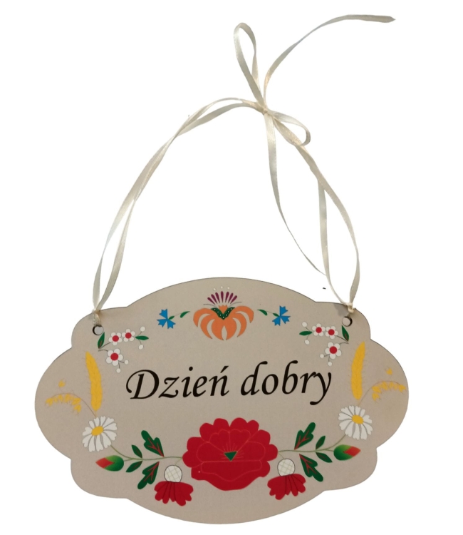 Tabliczka an drzwi z napisem kociewskim dzień dobry, folk haft kociewie3.jpg