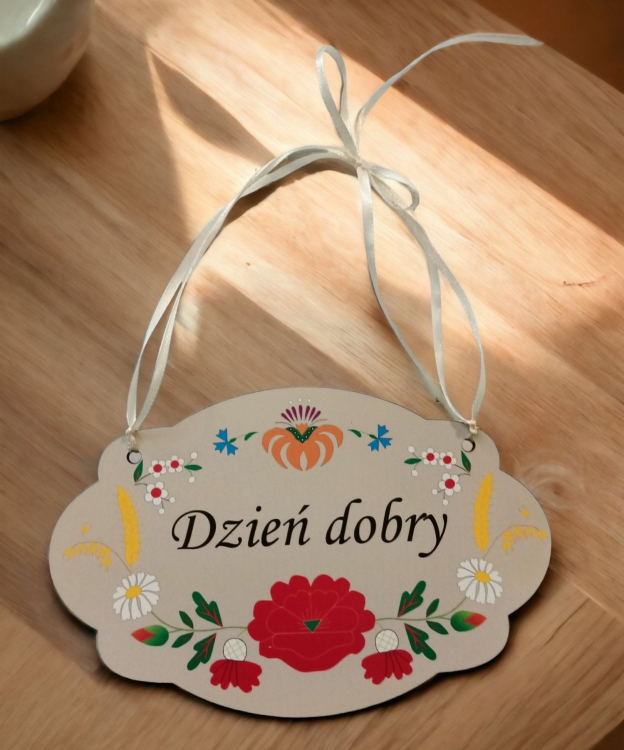 Tabliczka an drzwi z napisem kociewskim dzień dobry, folk haft kociewie2.jpg