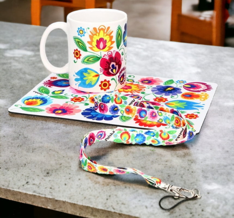 Zestaw folk łowicki kubek, podkładka pod mysz, smycz