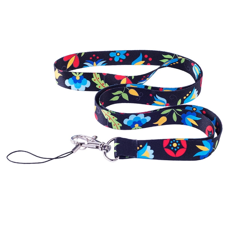 Smycz folkowa z haftem kaszubskim – czarne tło, kolorowy motyw wejherowski, dwustronna, z karabińczykiem i zaczepem.